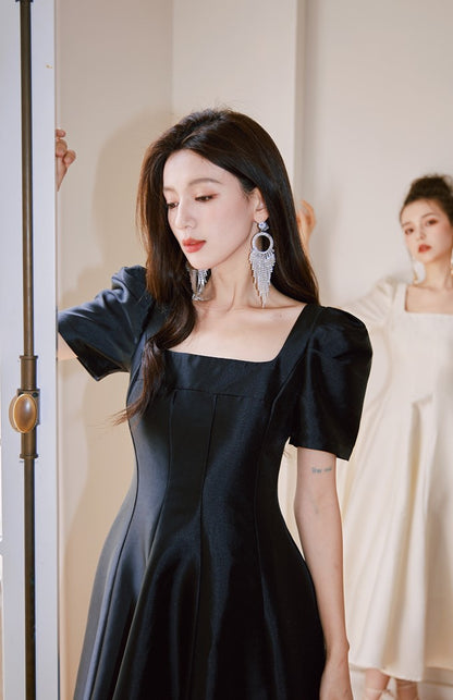 DOLLY Elegant Retro Square Neck Short Puff Sleeve Satin Long A-Line Dress-BAMBI