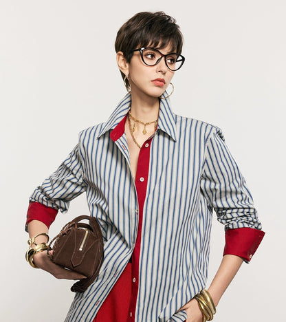 ANNASPEAK cotton up-and-down loose slimming striped long-sleeved long shirt-KILO.