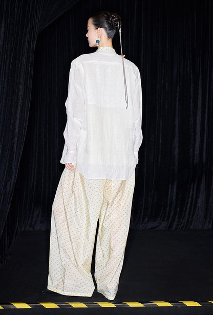 M essential Mackay designer polka dot silk cotton elasticated wide-leg trousers - YVONE.