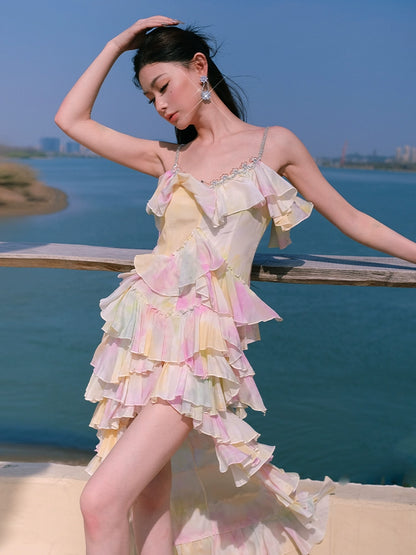 Wardrobes by Chen Elegant Sleeveless high low layered Long Multi Color Dress-Gainn