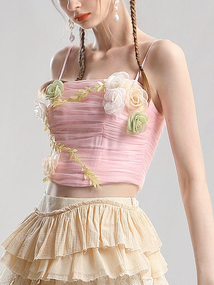 CHECOCRE Stubble Pink Three-dimensional Flower Mesh Camisole Irregular Skirt - JEREMY.