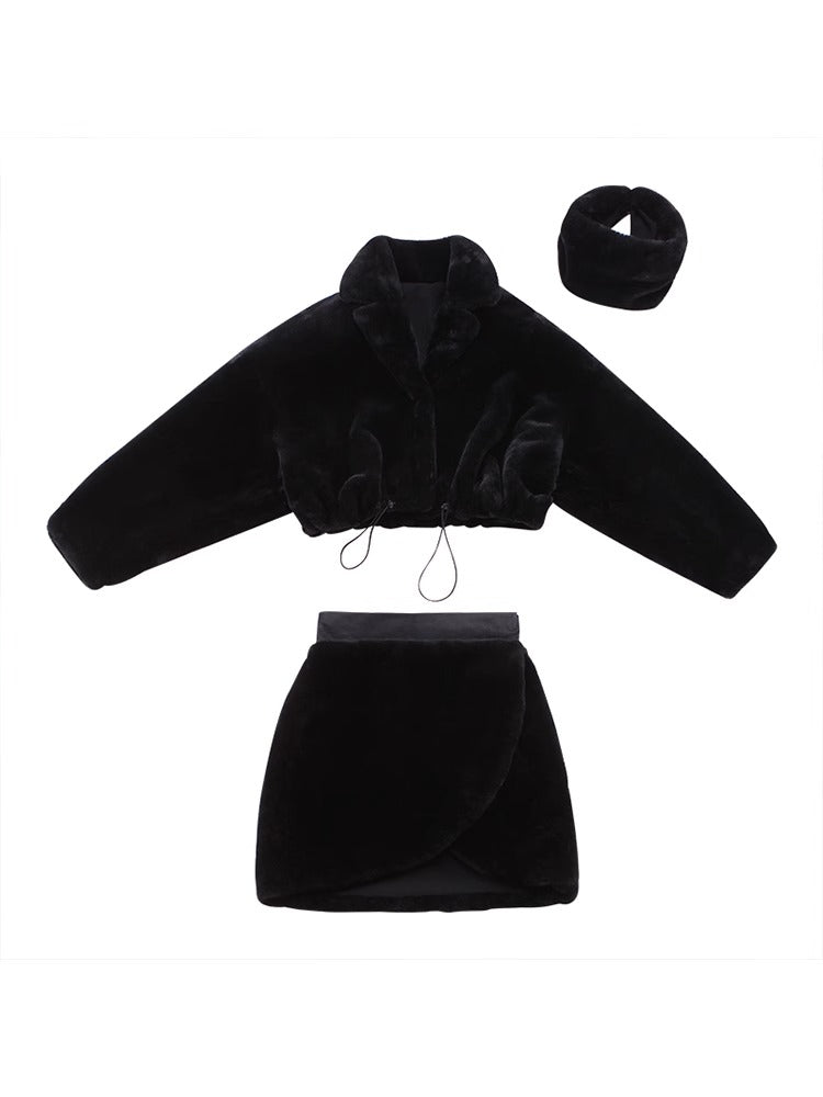 Le Palais Vintage Black Long Sleeves Short Faux Fur Coat and Dinner Skirt Suit-Selena.