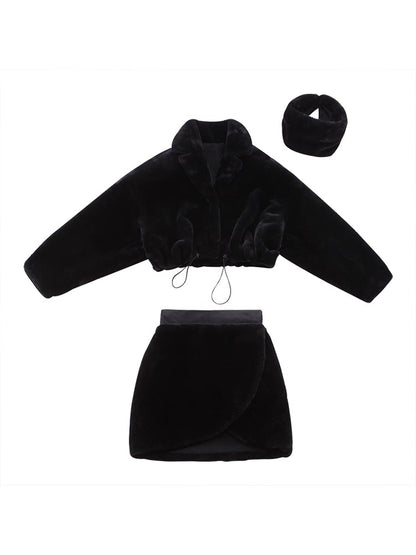Le Palais Vintage Black Long Sleeves Short Faux Fur Coat and Dinner Skirt Suit-Selena.