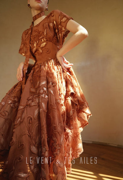 LE VENT&TES AILES Luxury French Disc Embroidered Sequin 3d Vintage brown Dress - LINA