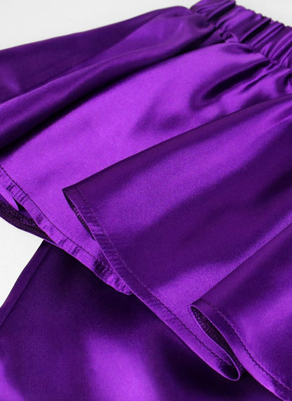 DOLLY Elegant Purple Satin Ruffle Of Shoulder Top+ Gradient Tassel Skirt-ZAYN