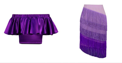 DOLLY Elegant Purple Satin Ruffle Of Shoulder Top+ Gradient Tassel Skirt-ZAYN