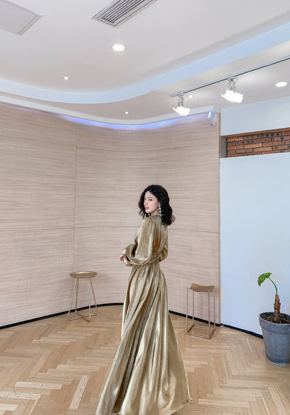 DOLLY Elegant Retro Gold Deep V-Neck Long Puff Sleeve Long Slit Award Dress-HUGO