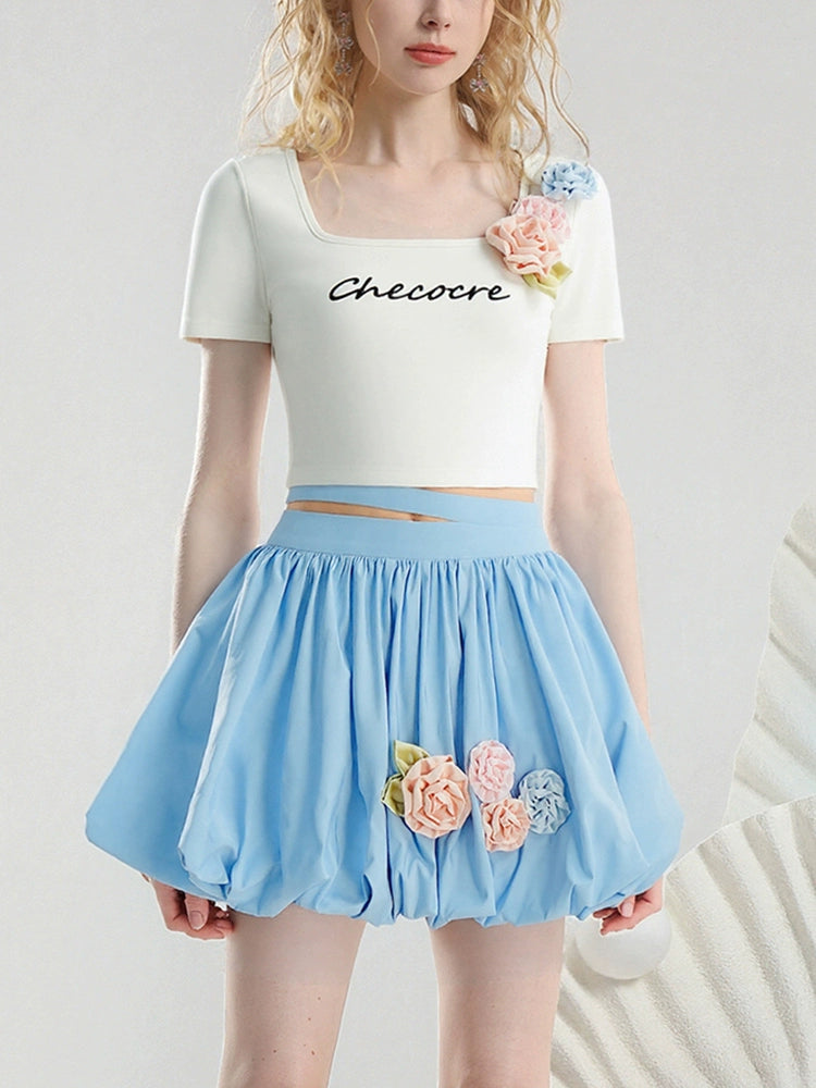CHECOCRE summer fresh and cute color three-dimensional flower short sleeve T-shirt hood skirt - VAY.