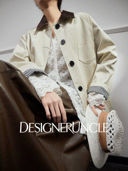 DGU| Off-white trench niche design plaid patchwork lapel long-sleeved jacket - PRAISES.