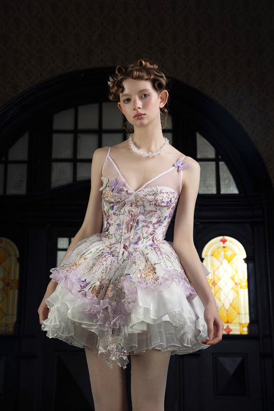 UNOSA purple flower beading three-dimensional embroidery butterfly strap v-neck layered dress -prim
