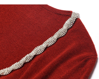 WANGXO | Diamond Chain Trim U-Neck Knitted Long Sleeve Top-EIRA.