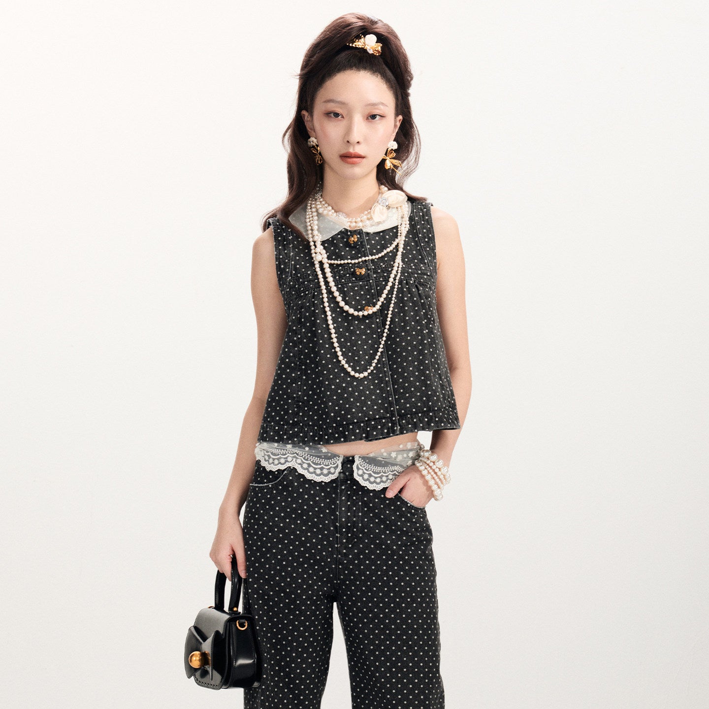 FAME Rococo Polka Dot Silhouette A-Line Denim Vest Clip - ULRIC