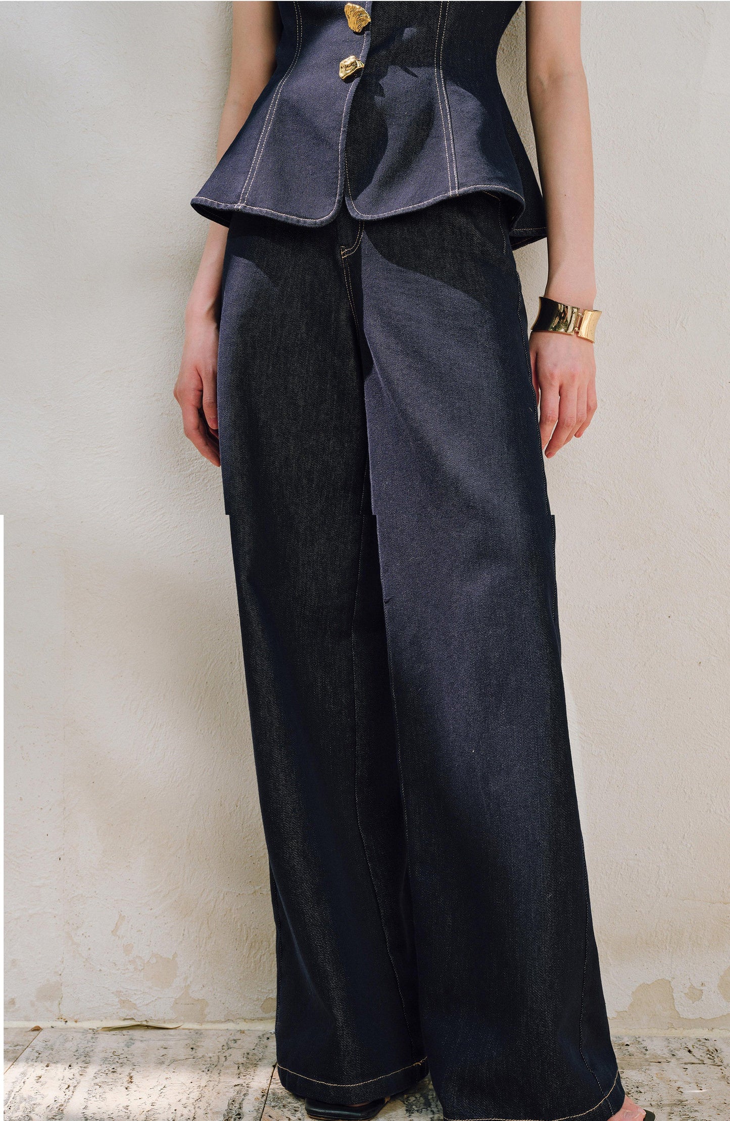 WANGXO | Light-Breathing Tencel Cotton Custom Metal Buckle Vest & Wide-Leg Pants Retro Denim Suit-YARA