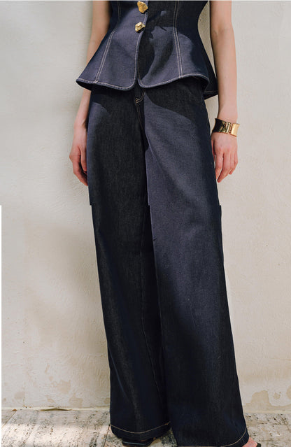 WANGXO | Light-Breathing Tencel Cotton Custom Metal Buckle Vest & Wide-Leg Pants Retro Denim Suit-YARA