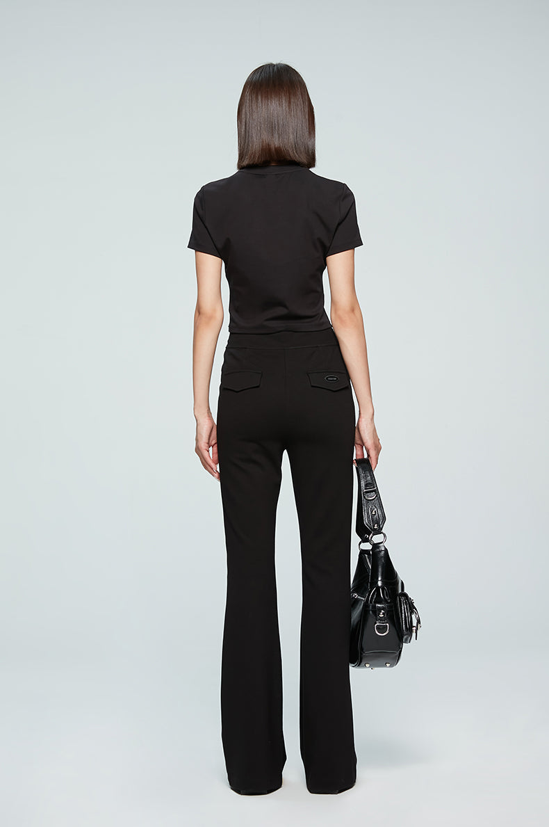 ANNAKIKI Designer Black V-Waist Bootcut Pants Casual Pants-CARTI