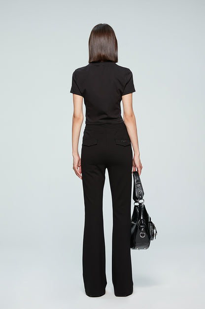 ANNAKIKI Designer Black V-Waist Bootcut Pants Casual Pants-CARTI