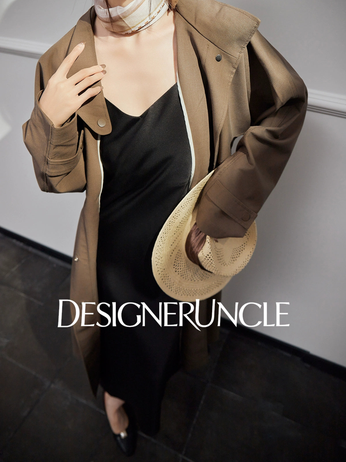 DGU |Dark Brown Trench light Luxury Design coat Collar Temperament Long Niche Top - Antonia.