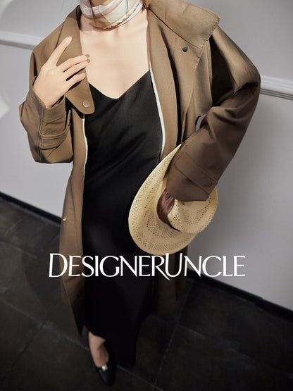 DGU |Dark Brown Trench light Luxury Design coat Collar Temperament Long Niche Top - Antonia.