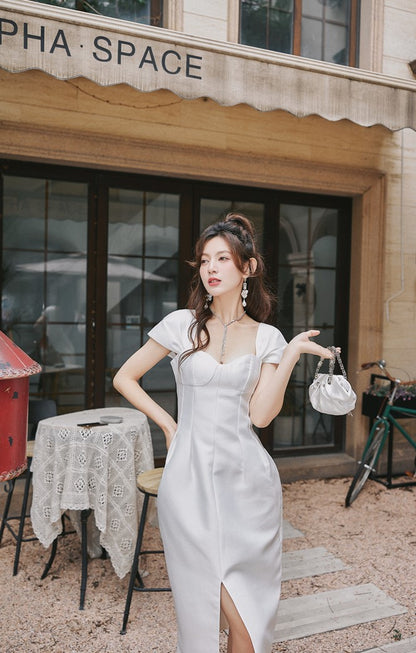 DOLLY Luxury French Style Square Collar Short Puff Sleeves Flower Bud Midi Dress-SARAH