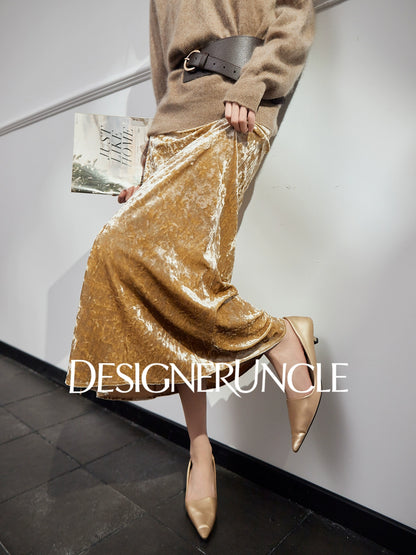 DGU "Mu Jin" khaki new retro velvet high-end slimming skirt - STOP.