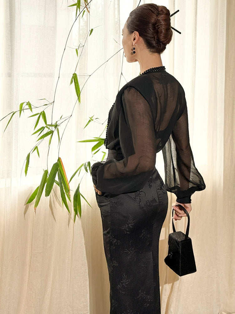 Le Palais Vintage Luxury Black Deep V-Neck Mesh Long Sleeve Top + Long Skirt-LING.