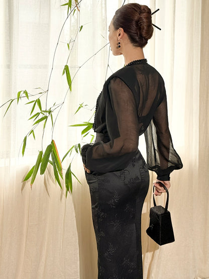 Le Palais Vintage Luxury Black Deep V-Neck Mesh Long Sleeve Top + Long Skirt-LING.