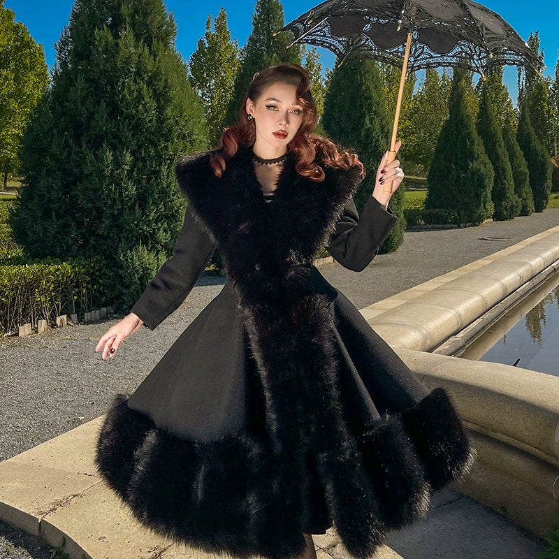 le palais vintage heavy luxury fur woolen big skirt black coat - Deks.