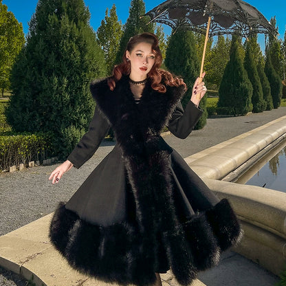 le palais vintage heavy luxury fur woolen big skirt black coat - Deks.