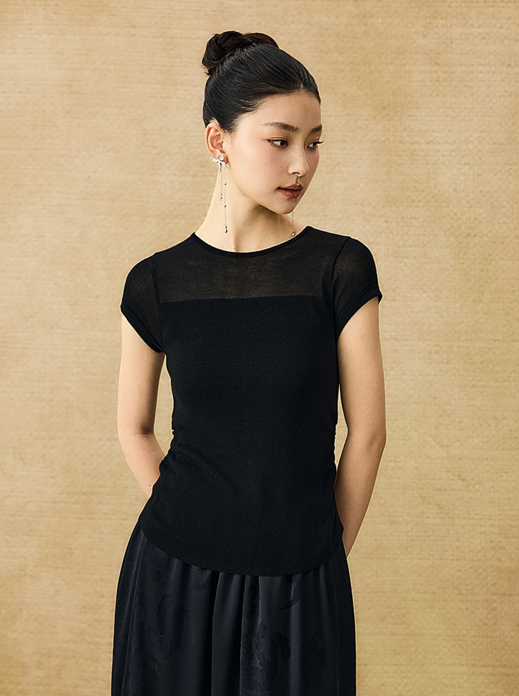 HECO Chinese style slightly transparent round neck knitted short sleeve T-shirt -BING.
