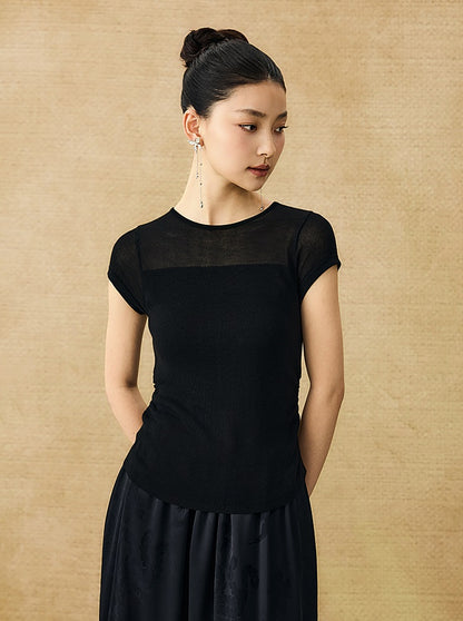HECO Chinese style slightly transparent round neck knitted short sleeve T-shirt -BING.