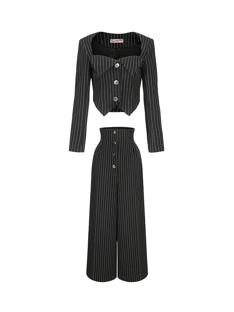 Le Palais Vintage  Black and White Striped Slim Short Jacket Wide/leg Pants-DIO.