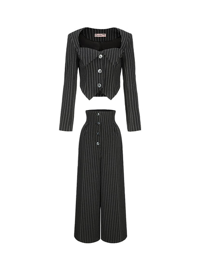 Le Palais Vintage  Black and White Striped Slim Short Jacket Wide/leg Pants-DIO.