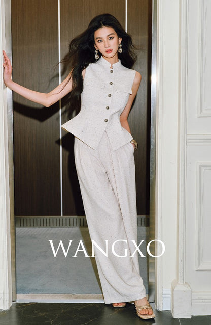 WANGXO | Silver Classic Tweed Vest & Straight-Leg Pants Suit - LYRA.