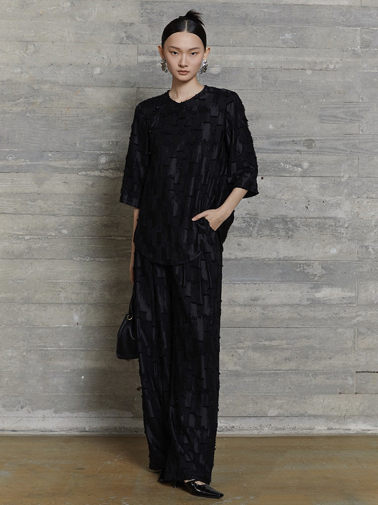 HECO jacquard loose thin wide-leg high waisted black pink apricot PANTS women - PURPOSE.