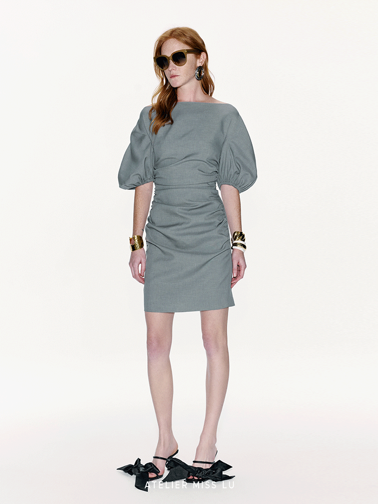 ATELIER MISS LU  Straight Neck Slim Silhouette Sleeve Dress - TINSEL.