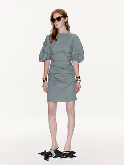 ATELIER MISS LU  Straight Neck Slim Silhouette Sleeve Dress - TINSEL.