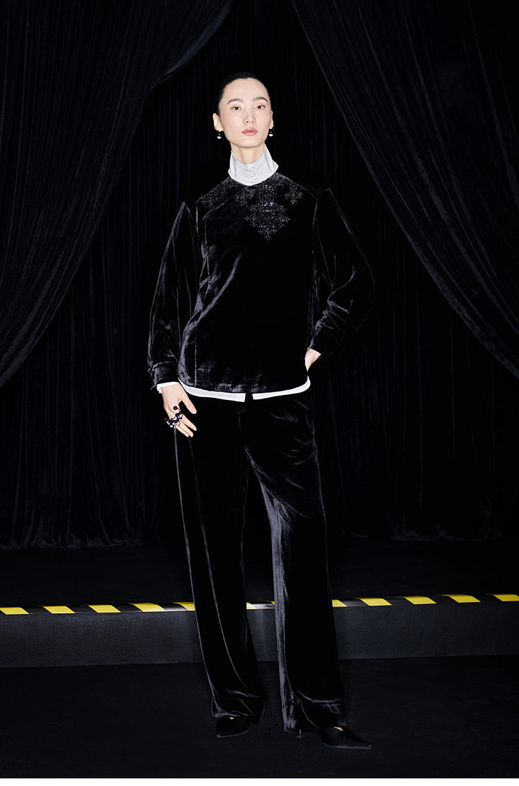 M essential Mackay designer Indian silk embroidered silhouette velvet top pant set- buck.