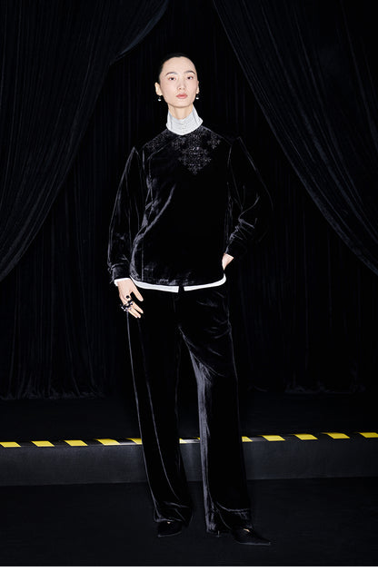 M essential Mackay designer Indian silk embroidered silhouette velvet top pant set- buck.