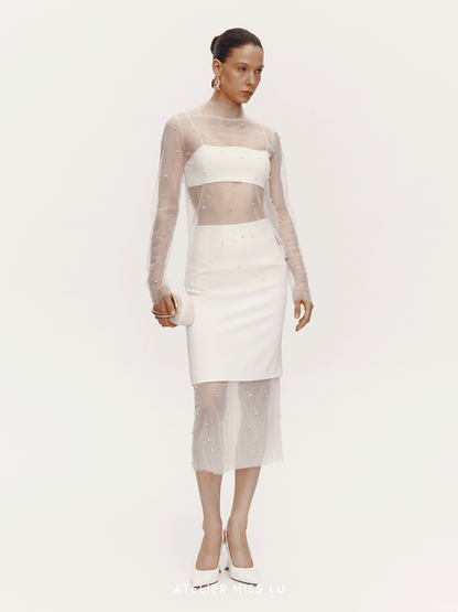 ATELIER MISS LU Pearl Embellished Gauze Spliced Straight Skirt - DRY.