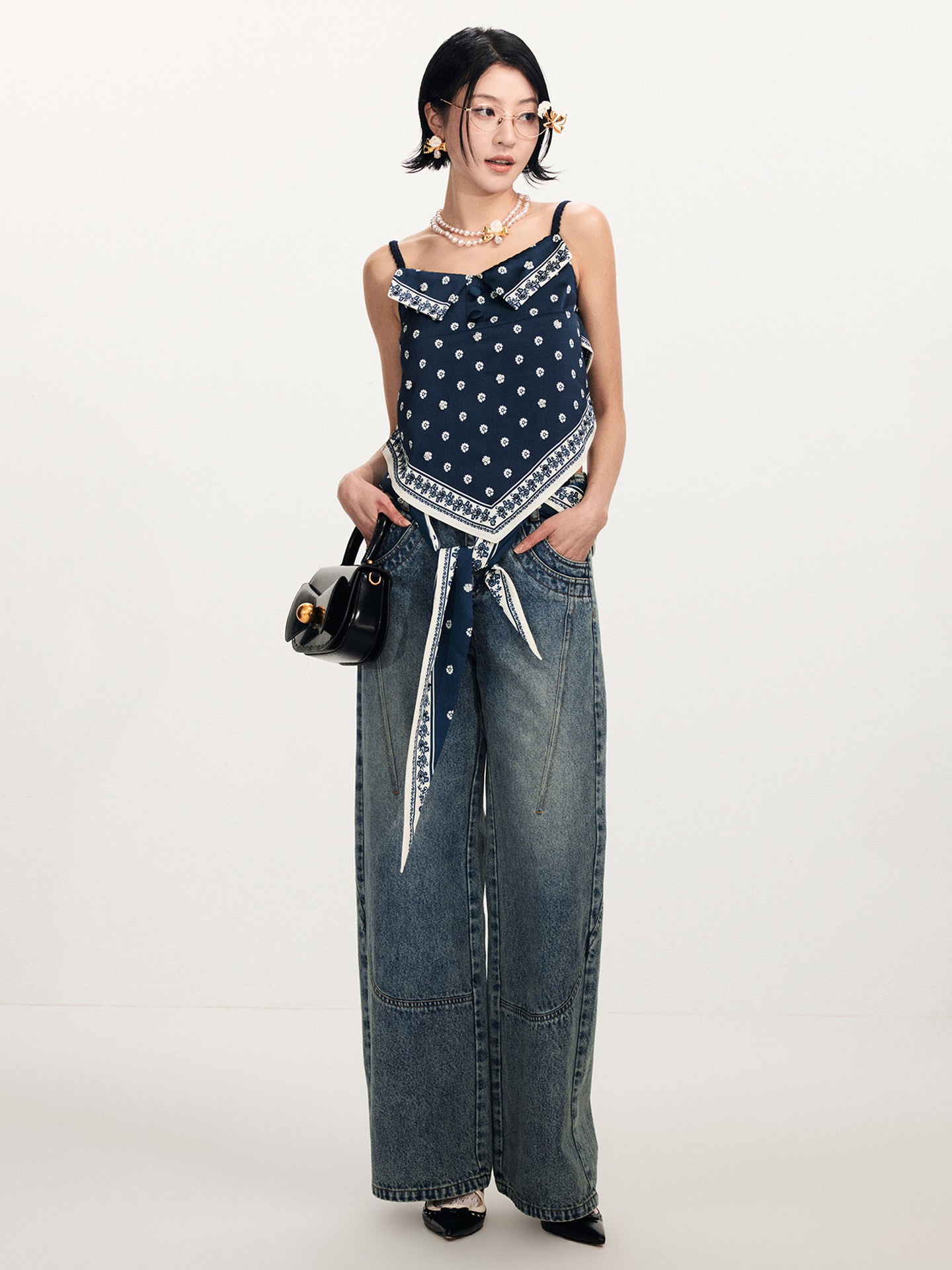 FAME Beaded Printed Scarf Deconstructed Camisole Top