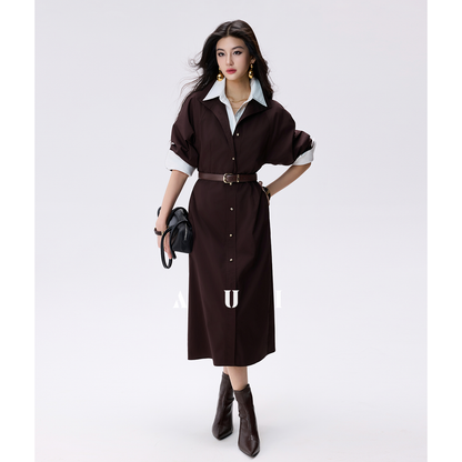 AUI Mocha Mousse Polo Collar Cinched Waist Long Sleeve Straight dress - Ji-Yoo