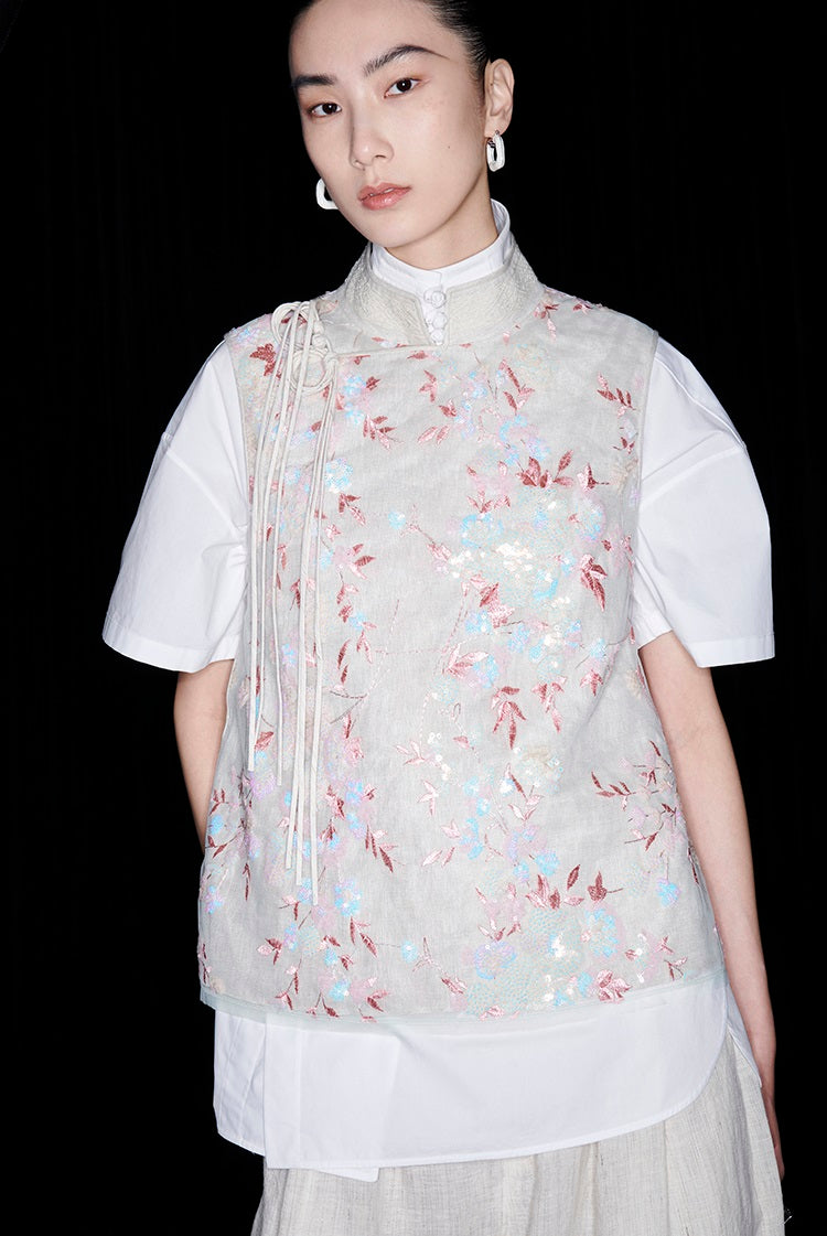 M essential Mackay designer beaded pavé embroidered linen vest - ELONIA.