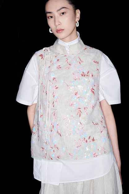 M essential Mackay designer beaded pavé embroidered linen vest - ELONIA.