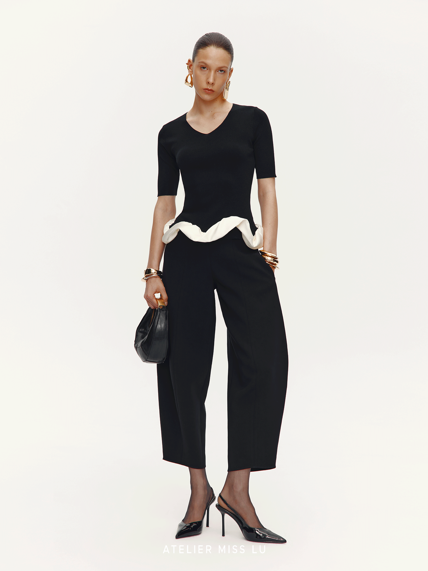 ATELIER MISS LU Hem Cloud Surround Paneled V-Neck Knit Top - SAFE.