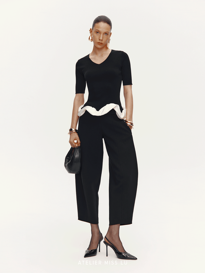 ATELIER MISS LU Hem Cloud Surround Paneled V-Neck Knit Top - SAFE.