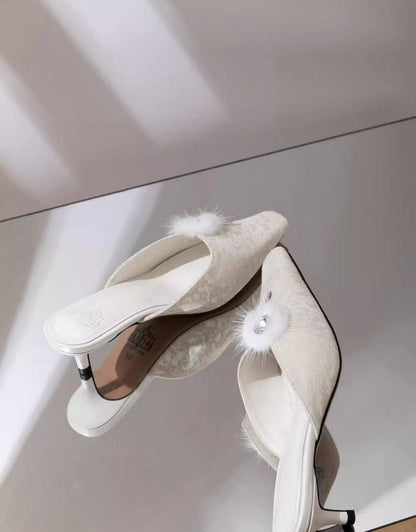 B-FEI embellished white slip-on low heel mule shoes-NIKO.