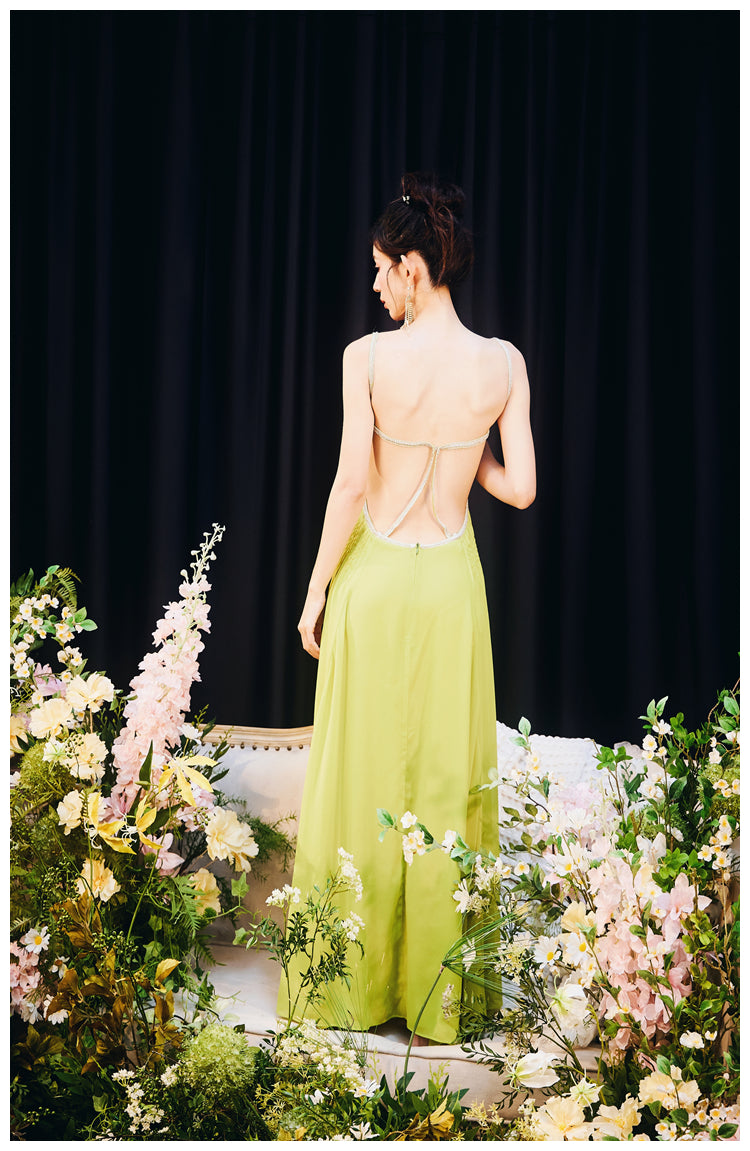 DOLLY Elegant Green V-Neck Sleeveless Slim Fit Backless Slit Resort Dress-JUN