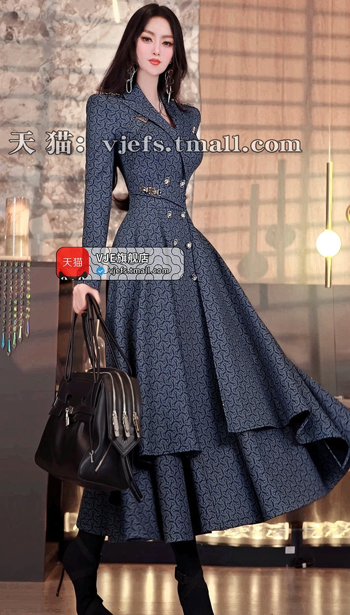 VJE Women's Printed Waist Mid-Length Double-breasted Trench Coat- JOJO.