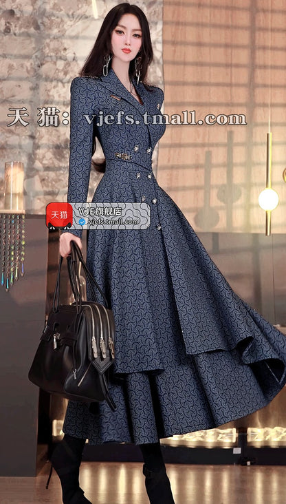 VJE Women's Printed Waist Mid-Length Double-breasted Trench Coat- JOJO.