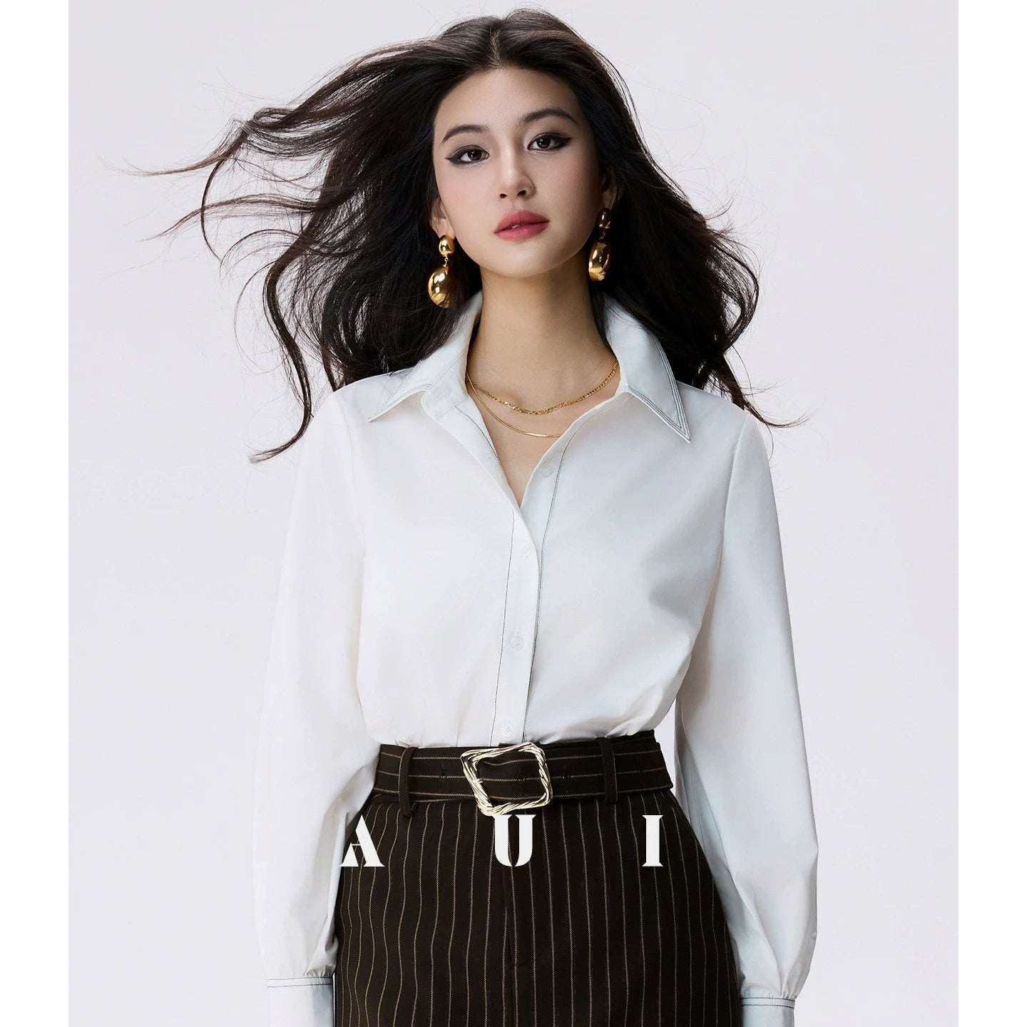 AUI white polo collar long sleeve commuter interview shirt  - GIGI.